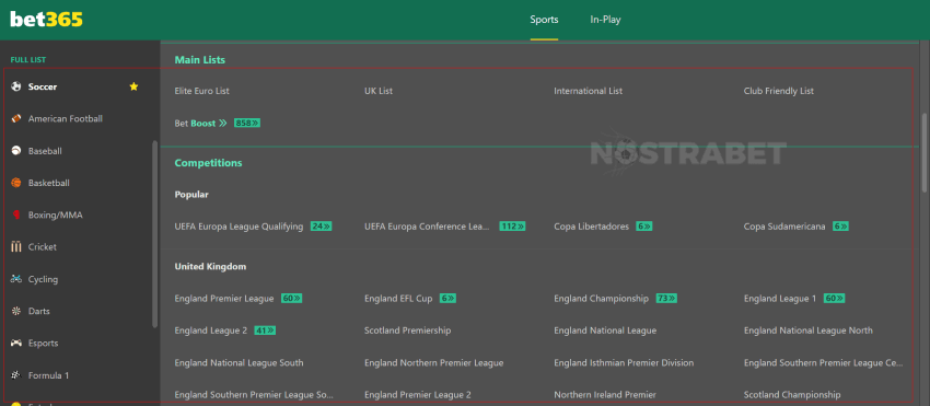 bet365 sports list