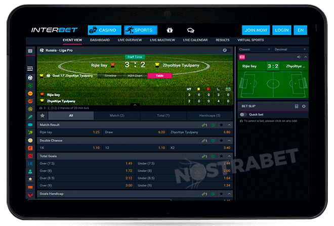 Interbet mobile version for tablet