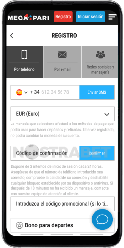 Registro MegaPari en android