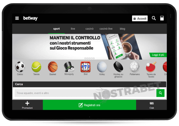 versione del sito web mobile di betway